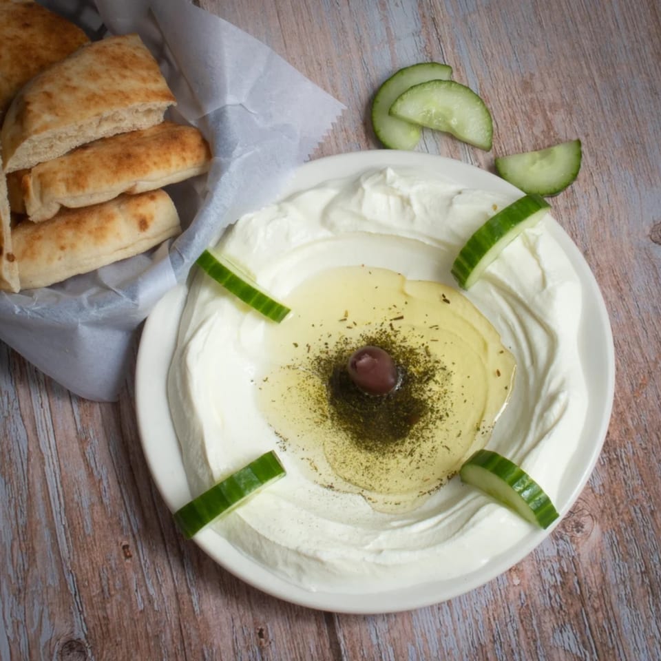 Labneh dip with olive oil, za'atar, an olive, cucumber slices, and pita bread on a wooden table.
